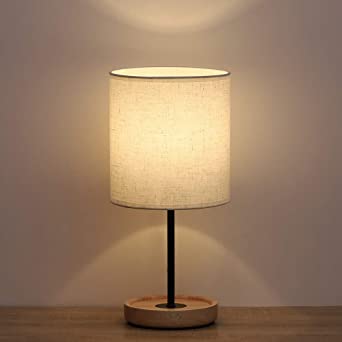 Bedside Table Lamp - Small Modern Nightstand Lamp with Linen Fabric Shade Wooden Desk Lamps for Dinning Room, Living Room,Bedrooms, Office, College Dorm, Girls Room