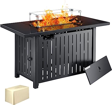 Flamaker Gas Fire Pit Table 43 inch 50,000 BTU Outdoors Gas Firepits with Tempered Glass Desktop, Glass Cover, Lid and Lava Rock, Black