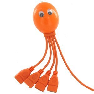 USB Hub 2.0 4-port For Mac and PC. True USB 2.0 Speed. 4-Legged Octopus (TM). Very Cute Octopus Design. (Orange)