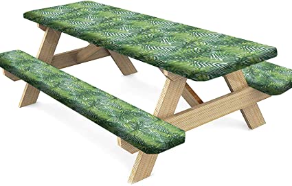 Summer Picnic Table and Bench Fitted Tablecloth, Tropical Banana Palm Tree Leaves Polyester Elastic Edge Table Cover, Rectangle Table Cloth for Indoor/Outdoor Picnic, BBQ and Dining Use, 72x28 Inch