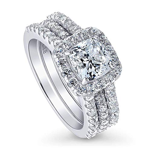 BERRICLE Rhodium Plated Sterling Silver Cushion Cut Cubic Zirconia CZ Halo Engagement Wedding Insert Ring Set 2.62 CTW