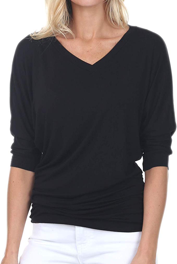 iliad USA Womens V-Neck/Boat Neck 3/4 Dolman Sleeve Side Shirring Drape Basic Top Regular & Plus Size