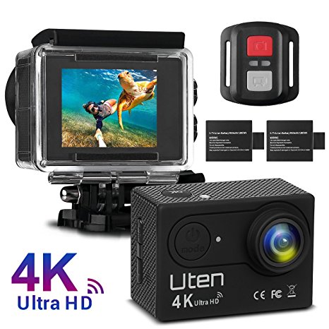 Action Camera Uten Upgraded 4K Wifi Premium Waterproof Sports Outdoor Camera with 2.0 LTPS   170° Ultra Wide-Angle Len   2 x 1050mah Rechargeable Batteries   Super Abundant Accessories