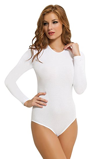 NBB Womens Basic Solid Long Sleeve Round Crew Neck Bodysuit Lingerie With Stretch