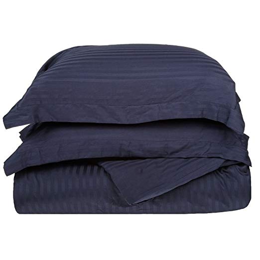 Combed Cotton 300 Thread Count Full/Queen 3-Piece Duvet Cover Set Stripe, Navy Blue