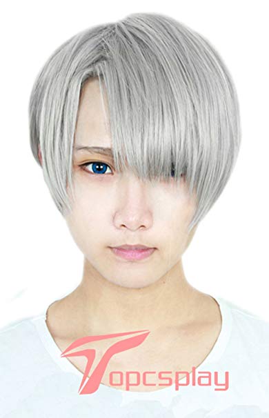 Topcosplay Women or Men Wig Hair Straight Short Gray Cosplay Wigs With Bangs