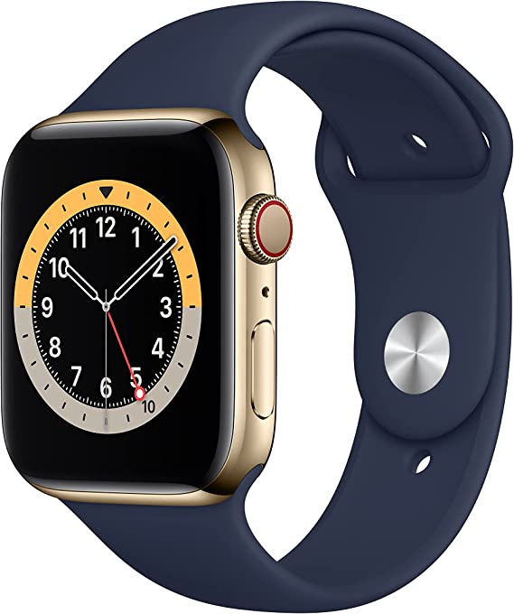 New Apple Watch Series 6 (GPS   Cellular, 44mm) - Gold Stainless Steel Case with Deep Navy Sport Band