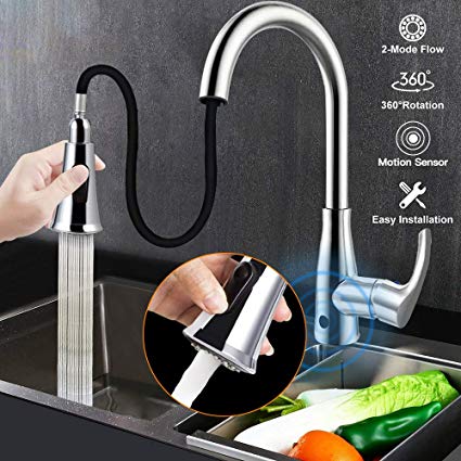 Touchless Kitchen Sink Faucets, Kitchen Faucets with Pull Down Sprayer, Motion Sense Wave Faucet High Arc Single-Handle Chrome 1or 3 Hole Deck Mount 2 Modes, Easy to Install, Spot Resist…