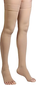 Thigh High Compression Stockings, Open Toe, Pair, Firm Support 20-30mmHg Gradient Compression Socks with Silicone Band, Unisex, Opaque, Best for Spider & Varicose Veins, Edema, Swelling, Beige XXL