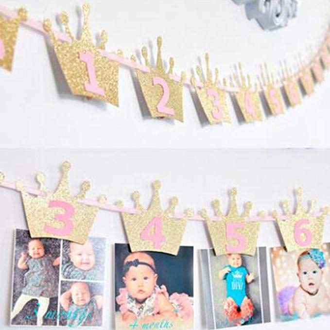 Losuya Baby Kids 1-12 Months Photo Banner Frame Bunting Wall Hanging Picture Album for 1st Birthday Party Decoration (Pink)
