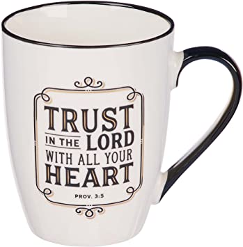 Trust in the Lord Proverbs 3:5 Ceramic Christian Coffee Mug for Women and Men - Black & White w/Gold Inspirational Coffee Cup, 12-Ounce