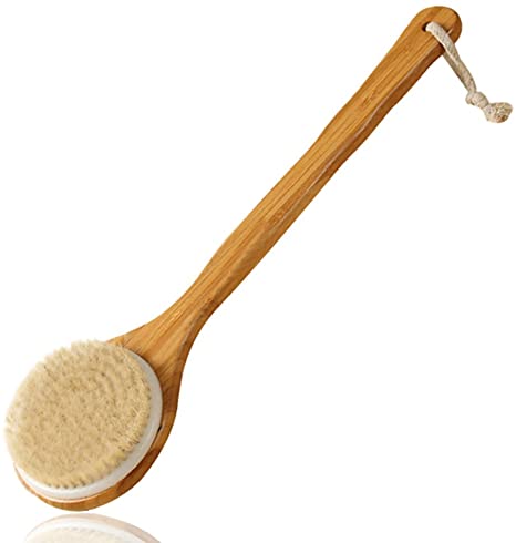 AHYUAN Bath Body Brush 100% Natural Boar Bristle Dry Skin Scrub Brush with 15.7" Long Bamboo Handle for Dry Brushing and Shower Cellulite & Exfoliating Great Mother's Day Gift (Natural Bristles)