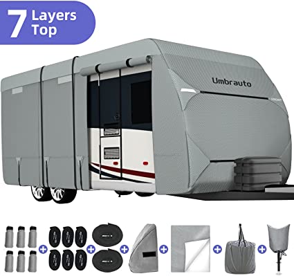 RV Cover Umbrauto 2022 Upgraded 7 Layers Top Camper Cover Windproof Travel Trailer Cover for 24' to 27' RV, Toy Hauler Cover with Tongue Jack Cover, Extra Windproof Ropes, Gutter Covers