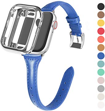 MARGE PLUS Compatible Apple Watch Band with Case 44mm 42mm Women, Slim Genuine Leather Watch Strap with Soft TPU Protective Case Replacement for iWatch Series 5 4 3 2 1, Dark Blue
