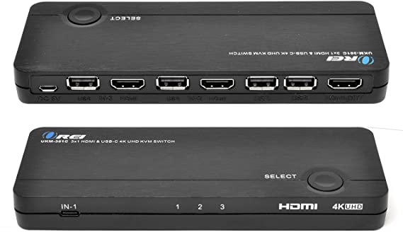 4K 3 Port 3x1 HDMI KVM Switch by OREI, Share Multiple Devices, PC, Computers, Phones, Gaming on One Display Monitor, Keyboard Control and USB Peripheral Control - UltraHD HDCP 2.0