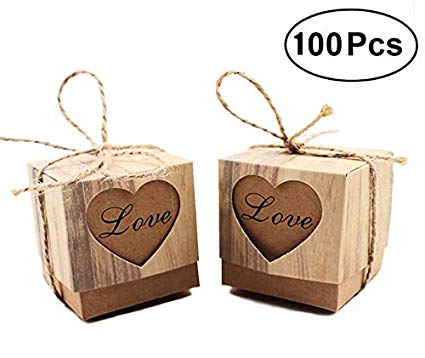FLASH WORLD 100PCS Rustic Candy Boxes,Love Heart Kraft Paper Wedding Favor Boxes with Burlap Twine for Wedding Bridal Shower Birthday Decoration