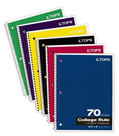 TOPS 1-Subject Spiral Notebooks, College Rule, 10.5 x 8 Inches, 70 Sheets/Book, 6-Pack (65007)