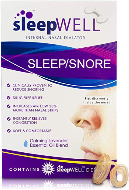 Sleepwell Sleep/Snore Internal Nasal Dilator for Snoring Relief, Congestion Relief, Restful Sleep, Restorative Sleep, Increase Airflow, Soft, Comfortable, Latex Free, Drug Free, Nasal Strips, 12Count