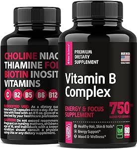 Vitamin B-Complex Capsules - B Vitamins: B1 B2 B3 B5 B6 B7 B9 B12, Biotin, Folic Acid, Vitamin C for Energy & Immune Support Supplement, B Complex for Women & Men's Nervous System, 60 Capsules