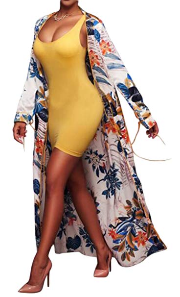 LUKYCILD Women Open Front Floral Print Long Kimono Cardigan Coat Beach Cover Up