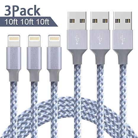 Lightning Cable, AOFU Charger Cables 3Pack 10FT to USB Syncing and Charging Cable Data Nylon Braided Cord Charger for iPhone X/8/8 Plus/7/7 Plus/6/6 Plus/6s/6s Plus/5/5s/5c/SE and More (Gray White)