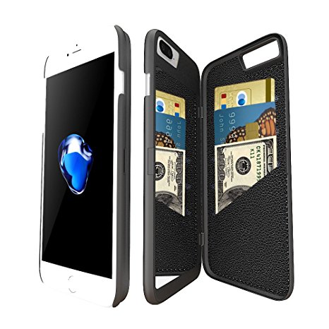 iPhone 7 Plus Mirror Wallet Case for Women -Bidear (TM) Enclosed Mirror Back Cover with 3 Bank Card Slot Protective Hard Case, HD Screen Protective Film for Apple iPhone 7 Plus -5.5 Inch (Black)