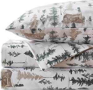 Flannel Sheets Warm and Cozy Deep Pocket Breathable All Season Bedding Set with Fitted, Flat and Pillowcases, Full, Winter Cabin Lodge