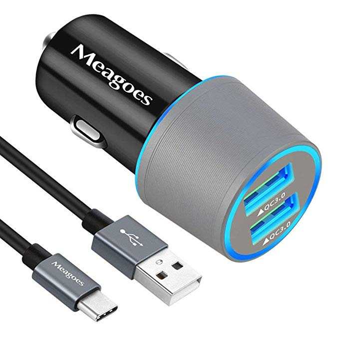 Meagoes Fast Car Charger, Compatible Samsung Note 9/Note 8, Galaxy S10 Plus/S10/S10e/S9 Plus/S9/S8 /S8, LG V40 ThinQ/G7, Dual Quick Charge 3.0 Port, Rapid Charging Car Adapter with 6.6ft USB C Cable