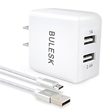 BULESK USB Wall Charger, 24W 3.4A Dual Port USB Travel Wall Charger Adapter with 6ft Micro USB Cable Charging Cord for Samsung Galaxy S7 Edge/S7/S6/S4/S3,Note 5/4/3 SilverGray