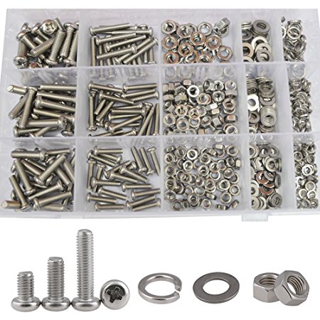 M4 M5 M6 Pan Head Machine Phillips Round Metric Screw Bolt Nuts Flat Lock Washer Assortment Kit 304Stainless Steel ,510Pcs