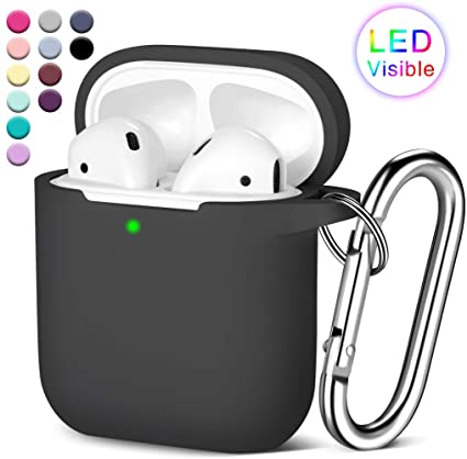 Maledan Silicone Cover Compatible with Airpods Case 2 & 1, Full Protective Skin Cover, Waterproof [Front LED Visible] Support Wireless Charging with Carabiner, Black