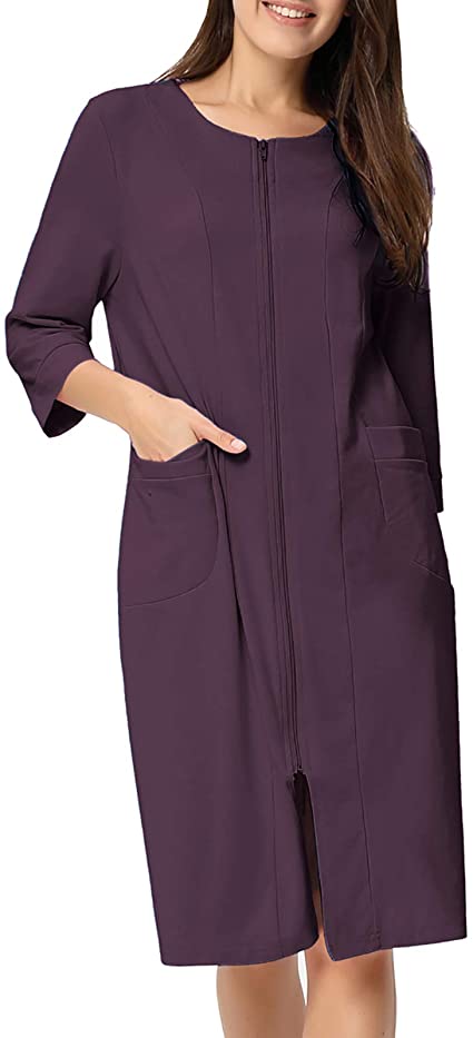 Zexxxy Women's Half Sleeve Zip up Cotton Bathrobe Soft Comfy Loungewear Robes XS-2XL