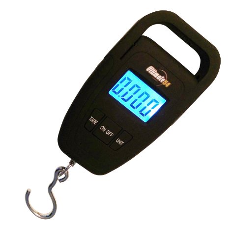 Ultimate54 Portable Digital Hanging Hook Fishing and Luggage Scale Multifunction with Tare and Large LED Display and Backlight 110lb50kg Capacity - Free Luggage Strap Batteries Included - Black