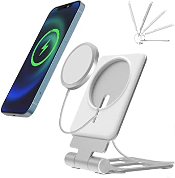 Phone Stand for MagSafe Charger,Maoyea Adjustable Foldable Aluminum Wireless Charger Holder Cradle for Desk,Magsafe Accessories Compatible with iPhone 12,12 Pro,12 Pro Max,12 Mini(Silver)