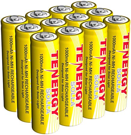 Tenergy Solla Rechargeable NiMH AA Battery, 1000mAh Solar Batteries for Solar Garden Lights, Anti-Leak, Outdoor Durability, 5  Years Performance, 12 PCS, UL Certified