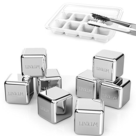 LINKIM Whiskey Stones - Stainless Steel Reusable Chilling Cubes Rocks - Set of 8 pieces with Freezing Tray and Tong - Use for Wine Whiskey Soda Beverage and Drinks
