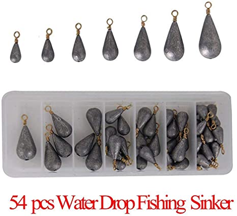 AGOOL Bass Casting Sinkers Set with Fishing Box Fishing Sinker with Ring Carp Fishing Water Drop Shaped Weights 7Size (54pcs)