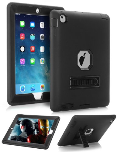 iPad 2 Case,iPad 3 Case,iPad 4 Case,TOPSKY(TM)[Kickstand Feature],Shock-Absorption / High Impact Resistant Hybrid Three Layer Armor Defender Protective Case Cover with Stylus Pen,Black