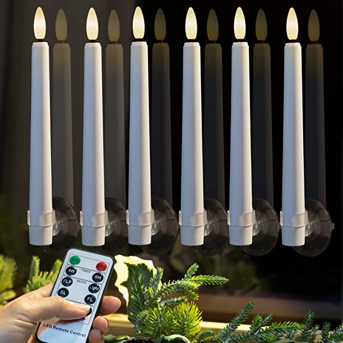 9PCS Flameless Taper Candles Battery Operated, Realistic Flickering Window Candles with Daily Timer, Remote & Suction Cups Included,for Christmas Home Wedding Decor (White)