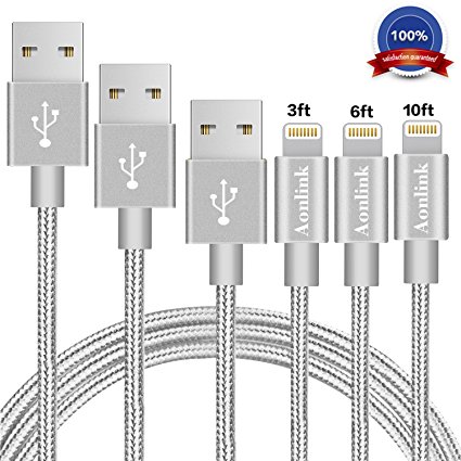 Aonlink iPhone Charger Cable, 3Pack 3FT 6FT 10FT Nylon Braided Lightning to USB Cord with Aluminum Connector for iPhone 7/7 Plus/6s/6s Plus/6/6Plus/5s/5c/5, iPad/iPod Models-Gray