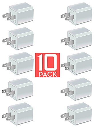 Certified 5W 1A USB Power Adapter [10-Pack] Universal Wall Charger Cube for Plug Outlet for iPhone 8 / X / 7 / 6S / Plus  , iPad, Samsung Galaxy, Motorola, HTC, Other Smartphones (Family Pack) (White)