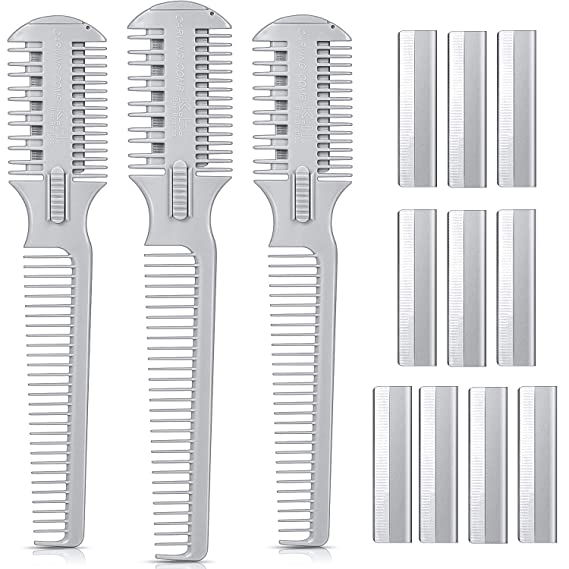 3 Pieces Hair Cutter Comb Double Sided Hair Razor Comb Hair Thinning Comb Hair Styling Razor Combs with 10 Pieces Replacement Blade, Hair Shaper Razor with Comb for Hair Thinning Cutting Styling