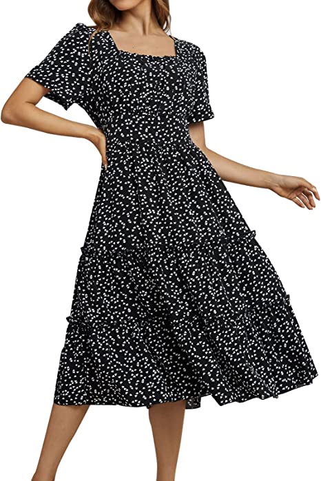 WOCACHI Womens Floral Maxi Dresses, Ladies Fashion Summer Mid-Calf Short Sleeve Pleated Beach Elegant Long Dress