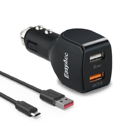 [Quick Charge] EasyAcc 30W 2-Port USB Car Charger with Most Powerful Quick Charge Technology & Smart Charging Technology for Galaxy S6 / S6 Edge / Edge , Note 5 / 4, iPhone 6 / 6 Plus, iPad Air 2 / mini 3, and More - Black(Includes a 3.3ft / 1m Quick Charge Micro USB Cable)
