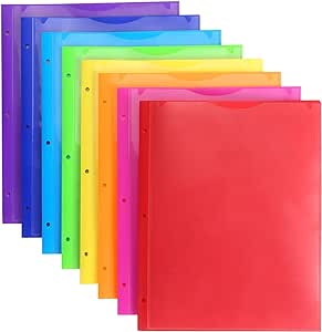 8 Pack Heavy Duty Plastic Folders with Clear Front Pocket and Holes, 3 Prong Folders with Pockets, Pocket Folder with Card Slot for School, Office, Assorted Colors