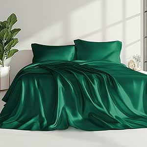 Love's cabin Full Size Satin Sheet Set - 4 Piece Dark Green Silky Satin Sheet Set with Deep Pocket, Luxury Silk Feel Satin Bed Sheets Full Bedding Set (1 Flat Sheet,1 Fitted Sheet,2 Pillow Cases)