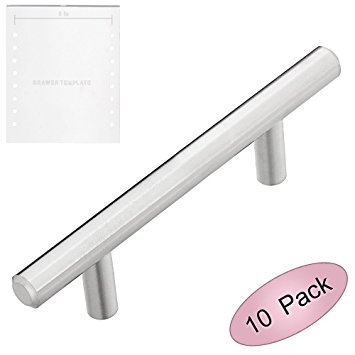 Lizavo 701-030SN Brushed Satin Nickel Cabinet Pulls Solid Modern Euro Style T Bar Kitchen Cabinet Handles- 3" Hole Centers, 5-1/4" Overall Length- 10 Pack