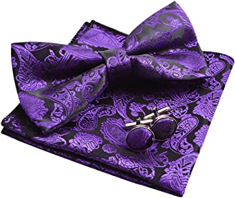 Alizeal Mens Classic Paisley Bow Tie, Hanky and Cufflinks Set