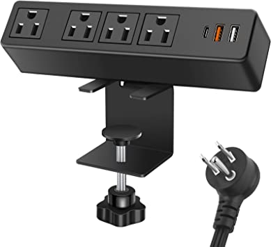 Black 10FT Cord Desktop Clamp Power Strip with USB C, Surge Protector 900J Power Charging Station Outlet with 4 AC Plugs 2 USB A 1 USB C PD 20W Fast Charging Outlets for Home Office Garage Workshop