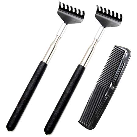 Favorict - Ultimate Telescopic Stainless Steel Extendable Back Scratcher (Pack 2, Black) included Favorict 5" Pocket Comb